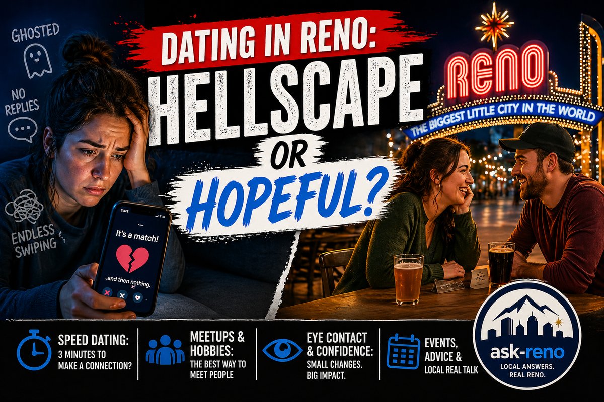 Dating in Reno: hellscape or hopeful — split image of a frustrated single with a 'matched and ghosted' dating app on the left vs a couple on a date under the Reno arch on the right, with infographic callouts for speed dating, meetups, eye contact, and local events from Ask-Reno