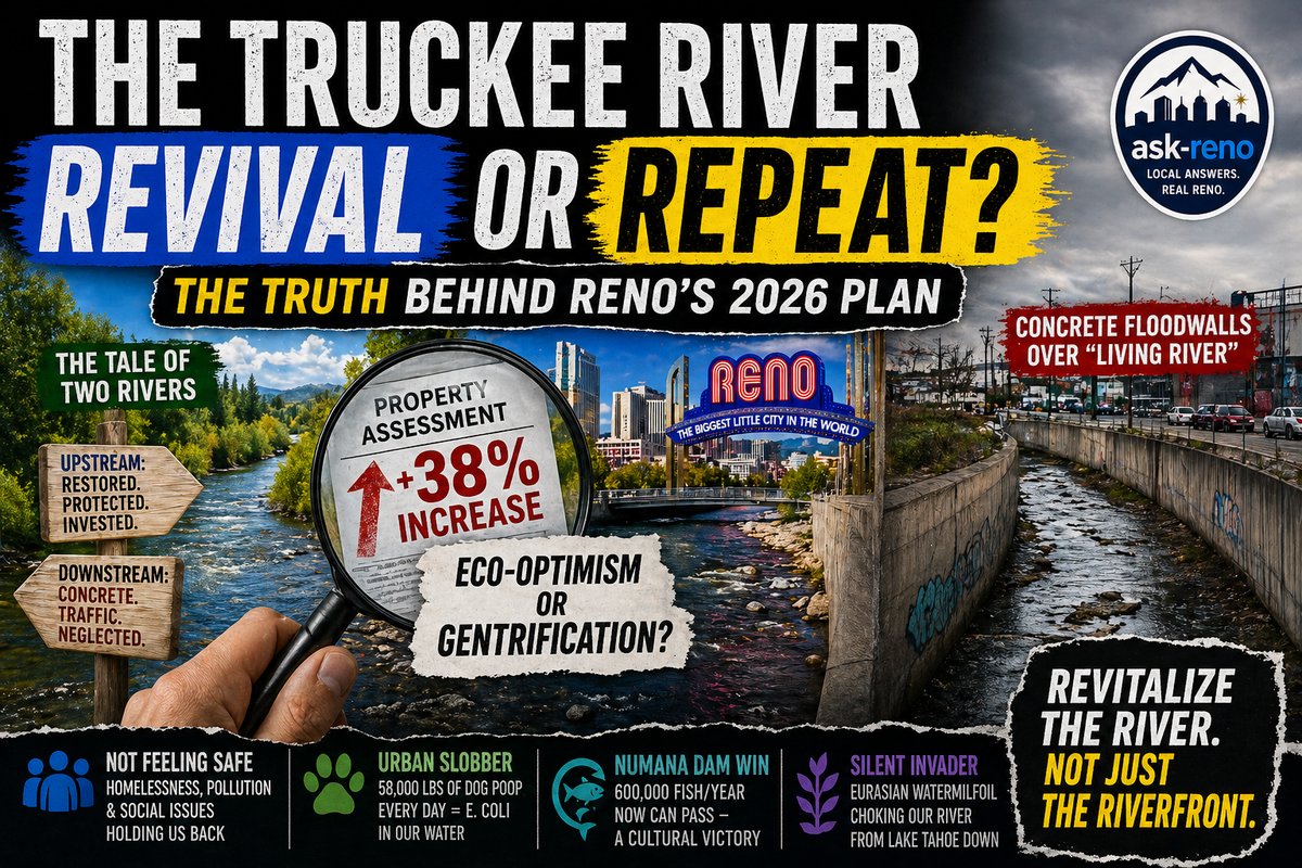Truckee River revival or repeat — split image showing the restored upstream Truckee in Tahoe vs. the concrete-walled downstream stretch in Sparks, with property assessment +38% increase, and Ask-Reno 2026 hot topic infographic