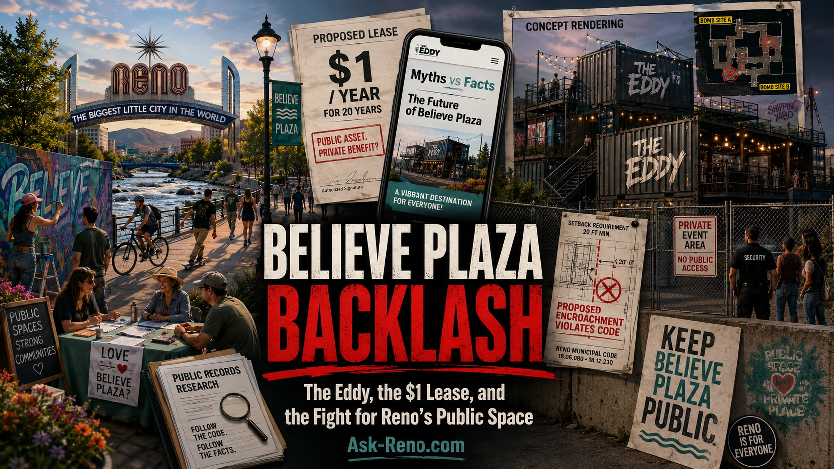 Believe Plaza Backlash editorial collage: the Reno arch and Truckee River riverwalk on the left, residents researching public records and painting murals, a proposed $1/year 20-year lease document, The Eddy's 'EDDYplaza' Myths vs Facts website on a phone, shipping containers rendered as a Call of Duty map, a Reno Municipal Code 18.06.080 / 18.12.230 setback diagram showing the proposed encroachment violation, and 'Keep Believe Plaza Public' signage. Headline reads 'BELIEVE PLAZA BACKLASH — The Eddy, the $1 Lease, and the Fight for Reno's Public Space.' Believe Plaza Backlash editorial collage: the Reno arch and Truckee River riverwalk on the left, residents researching public records and painting murals, a proposed $1/year 20-year lease document, The Eddy's 'EDDYplaza' Myths vs Facts website on a phone, shipping containers rendered as a Call of Duty map, a Reno Municipal Code 18.06.080 / 18.12.230 setback diagram showing the proposed encroachment violation, and 'Keep Believe Plaza Public' signage. Headline reads 'BELIEVE PLAZA BACKLASH — The Eddy, the $1 Lease, and the Fight for Reno's Public Space.'